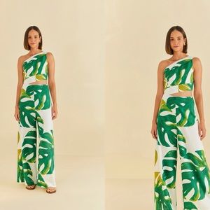 Farm Rio White Monstera One Shoulder Jumpsuit